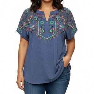 Chico's Blue Floral Embroidered Short Sleeve Notch Collar Top 1X‎ Plus